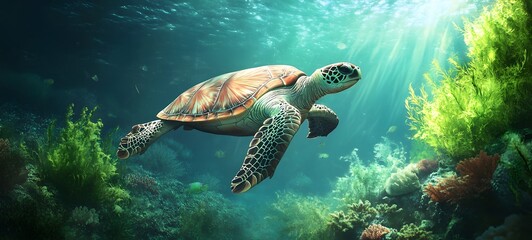Fototapeta premium 73. A serene underwater view of a sea turtle swimming gracefully among coral and seaweed