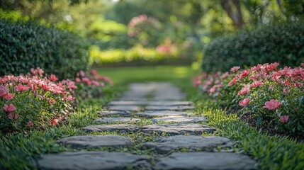 a stone path surrounded by pink flowers and greenery