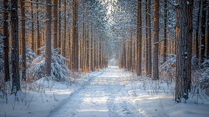 a path through a snowy forest lined with trees