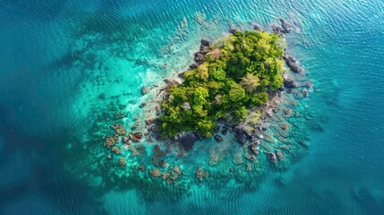 An aerial view of a small, lush island with a rocky shore surrounded by clear turquoise water.