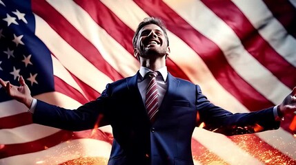 A male politician celebrating his victory against the backdrop of a waving American flag. - Powered by Adobe