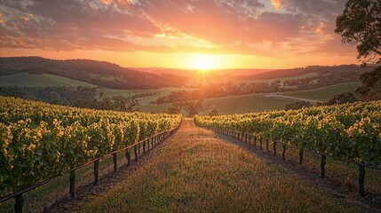 Naklejka premium the sun is setting over a vineyard in the hills