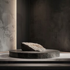 Minimalist scene with stone podium, natural materials, dark colors luxury,generative ai