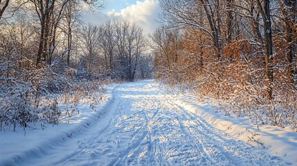 Obraz premium a snow covered road in the middle of a forest