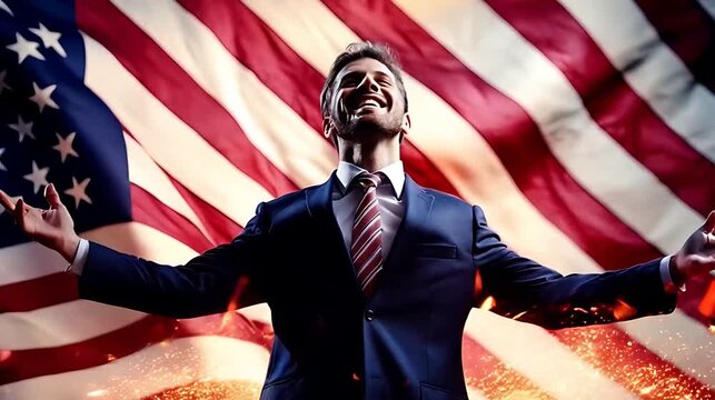 A male politician celebrating his victory against the backdrop of a waving American flag.