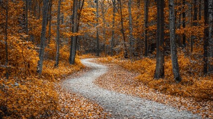 Fototapeta premium a path through a forest with lots of leaves on the ground