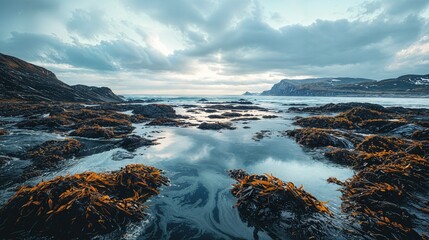 Obraz premium a body of water surrounded by rocks and grass