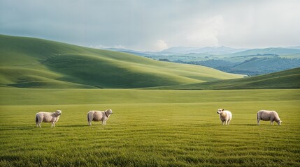 a group of sheep standing on top of a lush green field