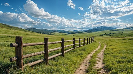 Fototapeta premium a wooden fence in a grassy field with mountains in the background