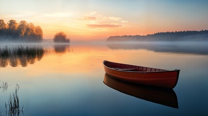 a boat floating on top of a lake next to a forest