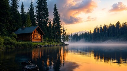 Fototapeta premium a cabin sits on the shore of a lake