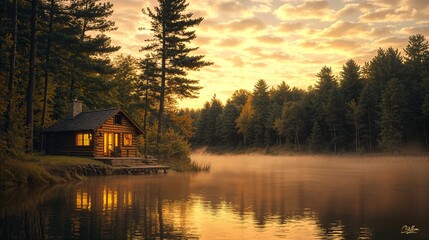 Fototapeta premium a cabin sits on the shore of a lake as the sun sets