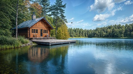 Naklejka premium a log cabin sits on the edge of a lake