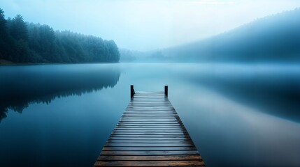 Naklejka premium a dock in the middle of a lake on a foggy day