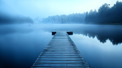 Obraz premium a dock in the middle of a lake on a foggy day