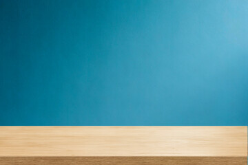 Empty wooden table top and color blue wall background for showing products and advertisers. Template mock up for display of product. product promotion in the wall. for display or montage.
