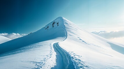 a snow covered mountain with a trail going up the side
