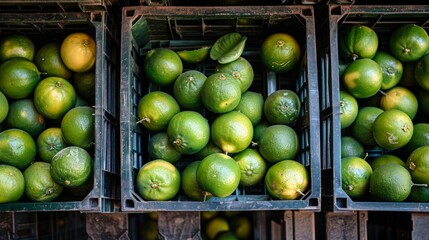 Green lime storage. Set of raw lime in boxes. Top view.