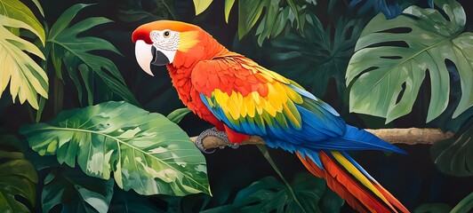Fototapeta premium 14. A colorful macaw perched on a tropical branch surrounded by lush green leaves