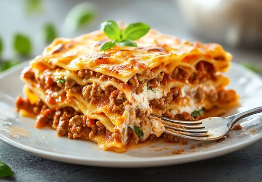A close-up of a delicious lasagna dish with a fork in it.
