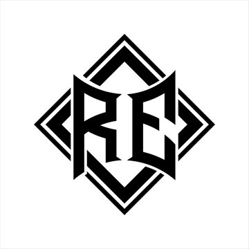 recommend clip art: RE Letter logo with abstract shield shape with square black outline on white background design