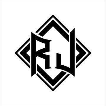 recommend clip art: RJ Letter logo with abstract shield shape with square black outline on white background design