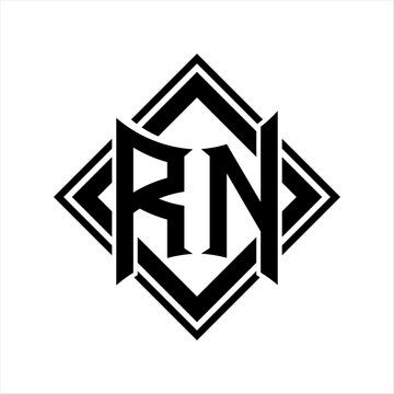 recommend clip art: RN Letter logo with abstract shield shape with square black outline on white background design