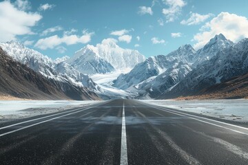 Naklejka premium A scenic view of a mountain road winding through snowy peaks, perfect for winter landscapes and adventure themes