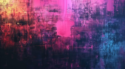 Abstract art with a dark background and a grid pattern in shades of purple, pink, and yellow.