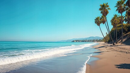 a sandy beach with palm trees on a sunny day