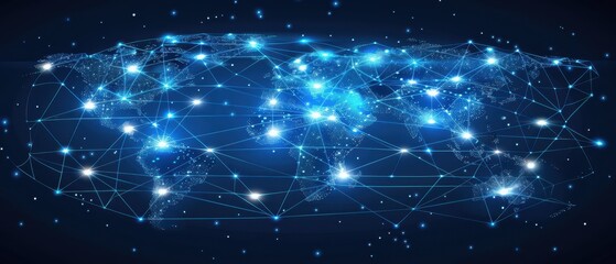 Obraz premium A stylized world map with bright, interconnected data paths, representing global digital communication on a dark, modern background