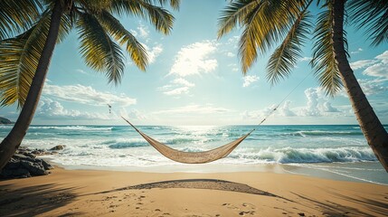 a hammock hanging between two palm trees on a beach