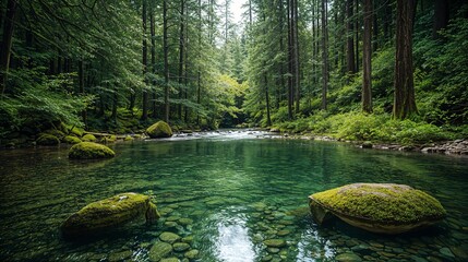 a river surrounded by trees and rocks in the middle of a forest