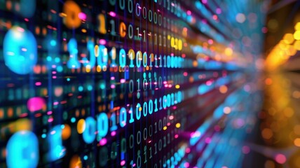 A world map with bright, colorful digital patterns representing global connectivity, overlaid with moving binary code