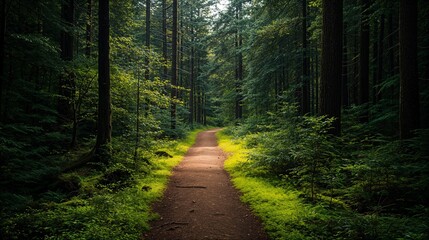 Naklejka premium a path in the middle of a forest surrounded by tall trees