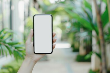 Woman hand holding smart phone with white screen on blurred nature background.