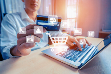 Customer open hologram graphic interface controlling device choosing online platform. Smart...