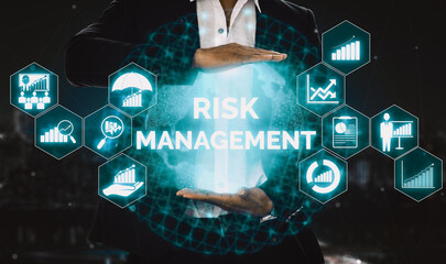 Risk Management and Assessment for Business Investment Concept. Modern interface showing symbols of...