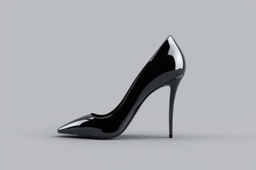 A single black high heeled shoe on a gray background, useful for fashion and lifestyle photography