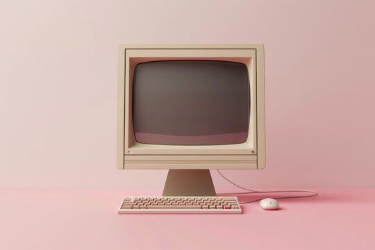 Vintage computer setup with physical keyboard and mouse on a pink background