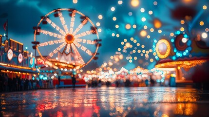 a carnival with a ferris wheel at night