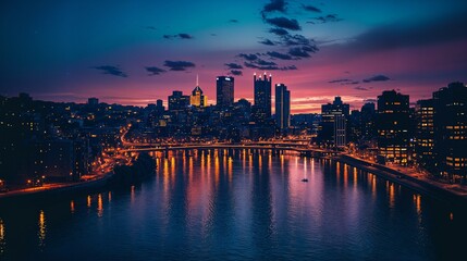 Fototapeta premium a view of a city at night from across a river
