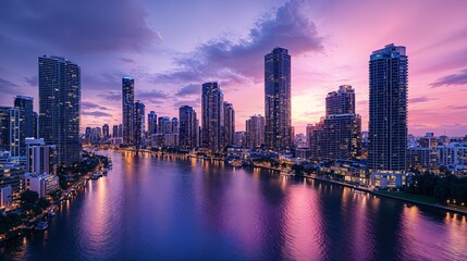 Fototapeta premium a view of a city at dusk from a bridge