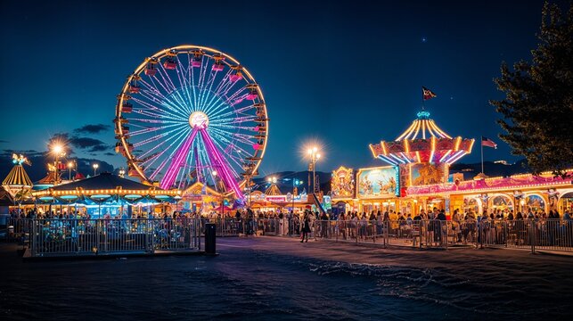 a carnival at night with a ferris wheel in the background