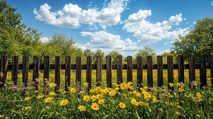 Fototapeta premium a field full of yellow flowers next to a wooden fence