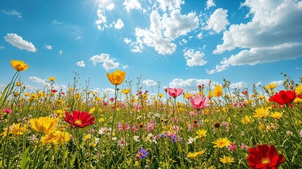 a field full of colorful flowers under a blue sky
