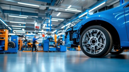 Fototapeta premium Modern Workshop, Car assembly in a brightly lit facility, Automotive Industry.