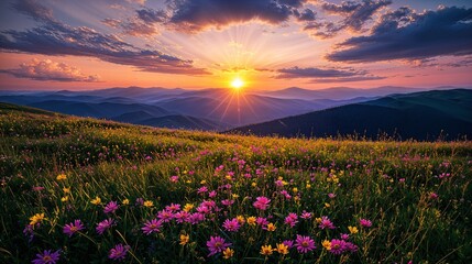 Fototapeta premium a field of flowers with the sun setting in the background