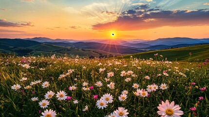 Fototapeta premium a field of flowers with the sun setting in the background