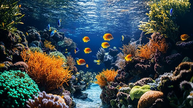 an underwater view of a coral reef with lots of fish